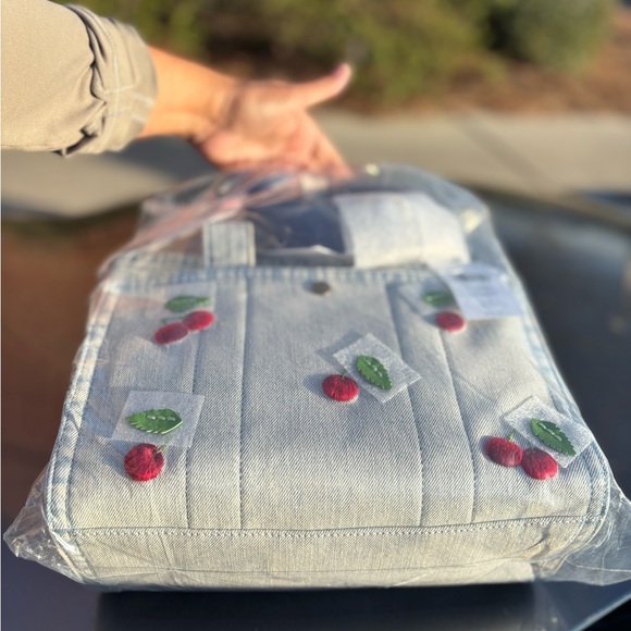 NWT Cherry Embroidered Denim Cargo Tote 26 In Original Packaging Cherries π - Picture 11 of 11